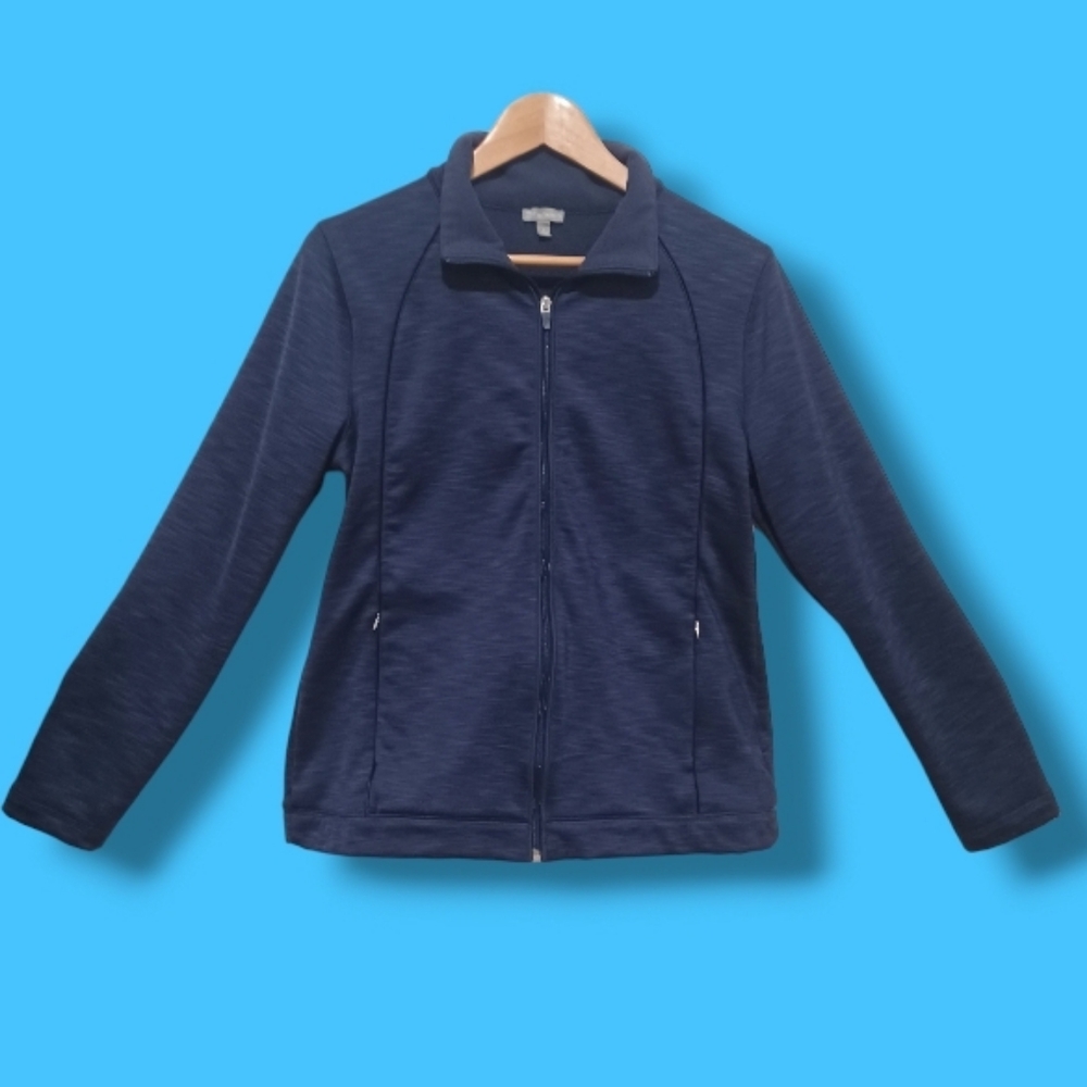 T By Talbots Zipper Pockets Athletic Full Zip Up Wmns LG Navy Blue Track Jacket